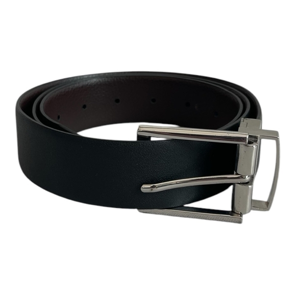 Men’s Belt Reversible Black/Brown Leather Belt Silver Square Buckle Dress Belt - Picture 3 of 5